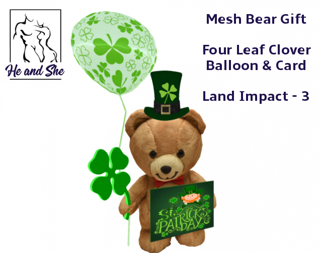 Happy St. Patrick's Day Mesh Teddy Bear with Hat, Balloon, Shamrock & Card * Land Impact 3 *Promotional Promo Sale Price