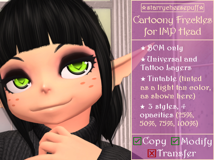 (RETIRED) *starrycheesepuff* Cartoon Freckles for IMP head (BOM/Tintable)