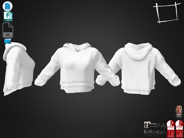 Dae Obj FBX For Female Crop Hoodie Top Maitreya, Slink (Physique,Hourglass), Belleza (Isis,Freya), Legacy