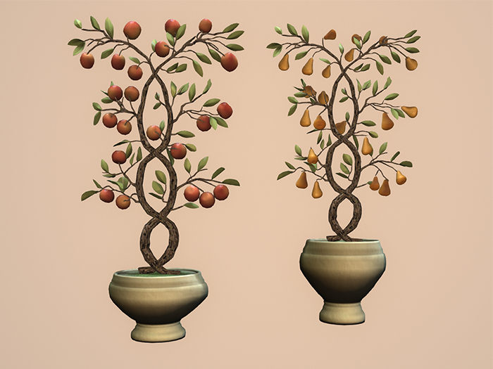 winding apple and pear trees in urns