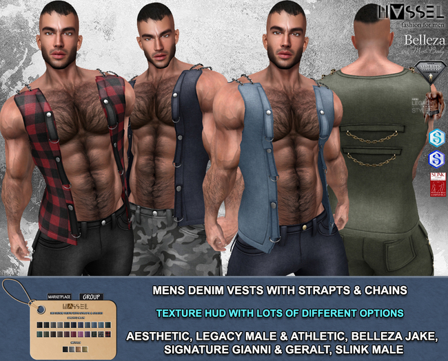 (HASSEL) PACK MENS DENIM VESTS WITH STRAPS CHAINS 385 AESTHETIC, LEGACY MALE & ATHLETIC, GIANNI, GERALT, JAKE, SLINK
