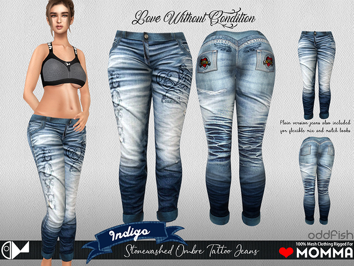 ODd Stonewashed Denim Tattoo Jeans  - Indigo