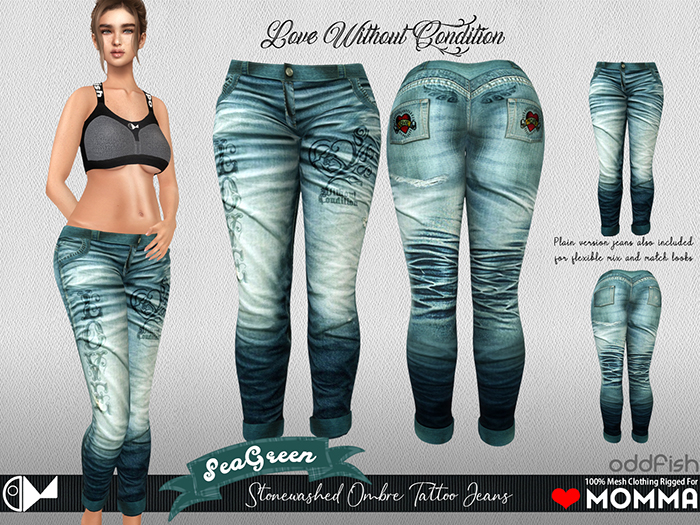ODd Stonewashed Denim Tattoo Jeans  - SeaGreen