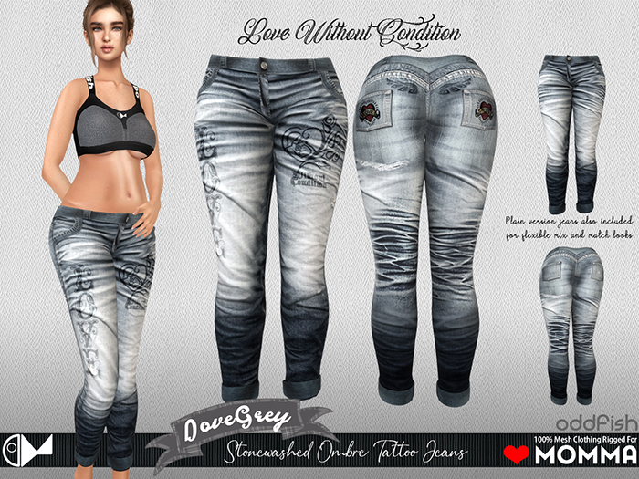 ODd Stonewashed Denim Tattoo Jeans  - DoveGrey