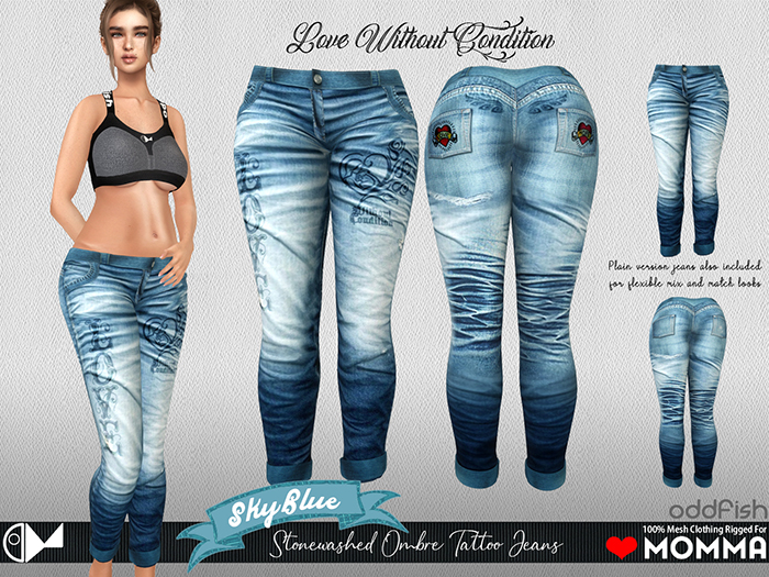 ODd Stonewashed Denim Tattoo Jeans  - SkyBlue