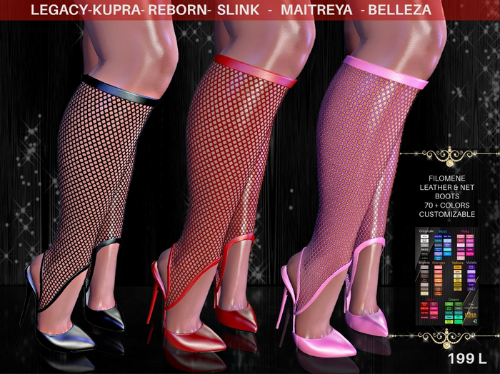 Filomena Leather & Fishnet Ankle Boots, 70 + colors, Hud- Kupra, Reborn-Maitreya,Slink,Bellza,Legacy