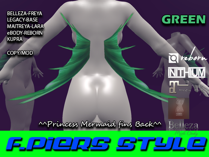 ^^Princess Mermaid Fins Back (GREEN)^^F.Piers Style