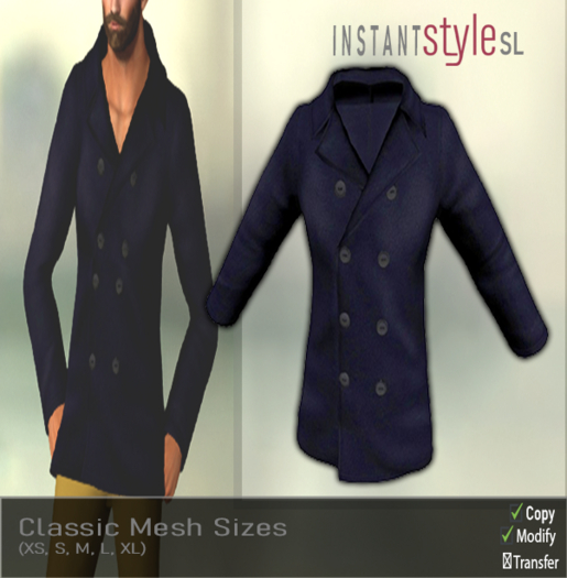 InSty Mens- Navy- Pea Coat Front Close