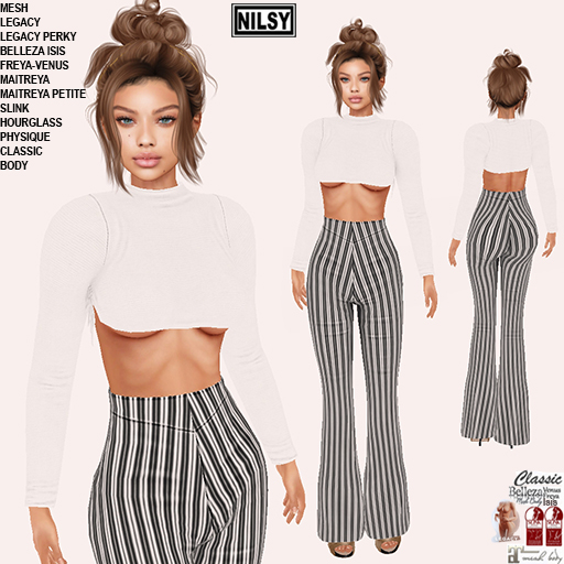CROPPED TOP AND FLARED STRIPE PANTS,CL&MESH BODY