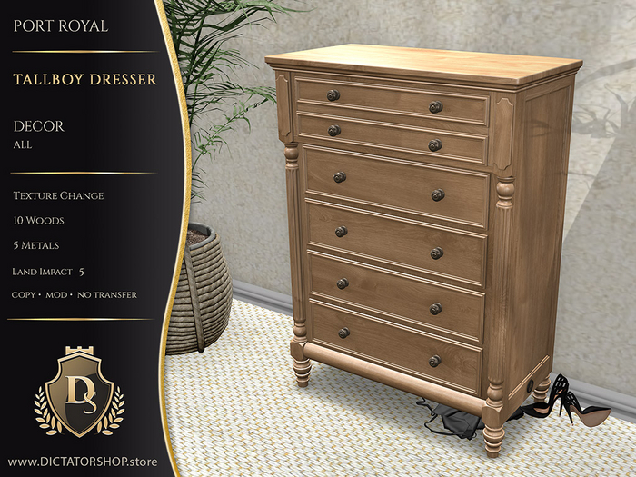 Second Life Marketplace - [Ds] Port Royal - Tallboy Dresser Decor