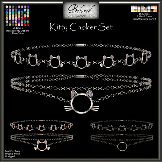 Beloved Jewelry : Kitty Chokers (Texture Change) Set of 2 Choker Necklaces, Silver, Gold, Gemstone, Cat Jewel