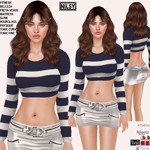 STRIPE TOP AND SATIN SKIRT,CL&MESH BODY