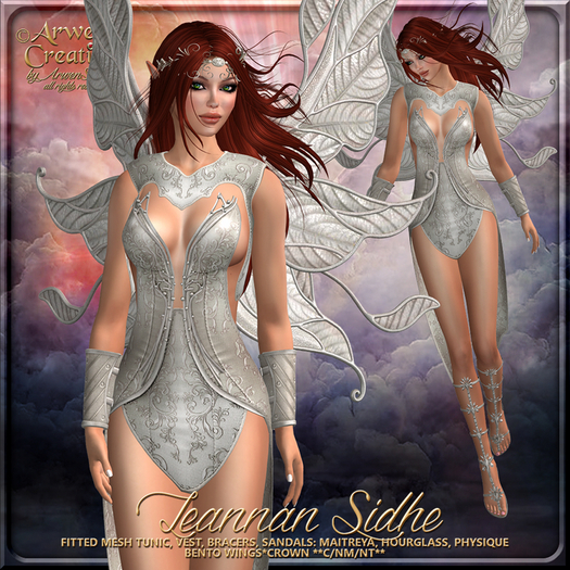 {AS} Fairy Fitted Mesh Outfit & Wings: Platinum; Leannan Sidhe, Fae, Elf, Celtic, Irish; Halloween; Maitreya, Hourglass
