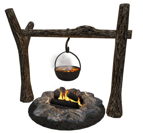 Campfire with Cast Iron Pot of Stew Cooking