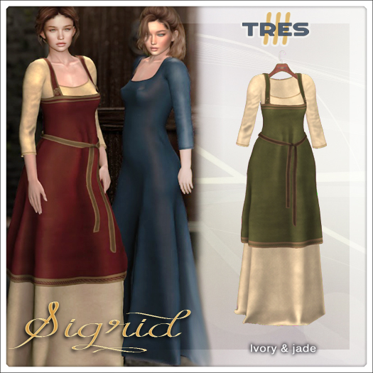 TRES - Sigrid Ivory & Jade - Medieval fantasy Dress & Apron, North inspired - Maitreya / Maitreya Petite 