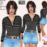 STRIPE TOP&JEAN SKIRT,CL&MESH BODY