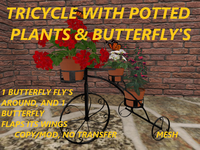 TRICYCLE WITH POTTED PLANTS & BUTTERFLY'S