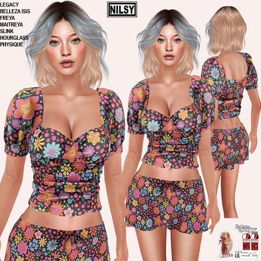 PRINTED GATHERED TOP&SKIRT,MESH BODY