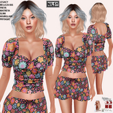 PRINTED GATHERED TOP&SKIRT,MESH BODY