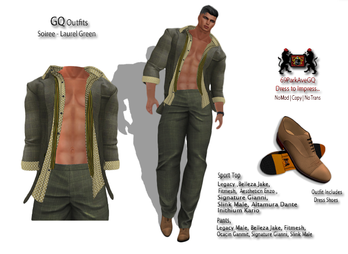 69ParkAveGQ - Soiree Laurel Green Suit with Open Shirt & Tie