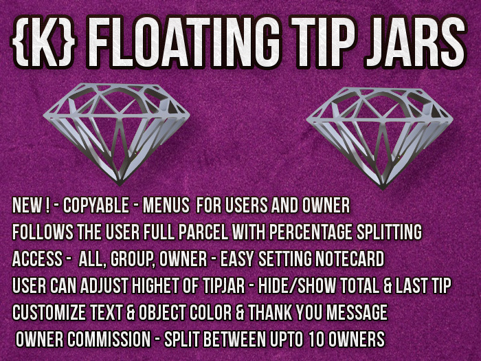 {K} COPYABLE CLUB FLOATING TIPJARS SYSTEM  - FOLLOWS THE AVATAR