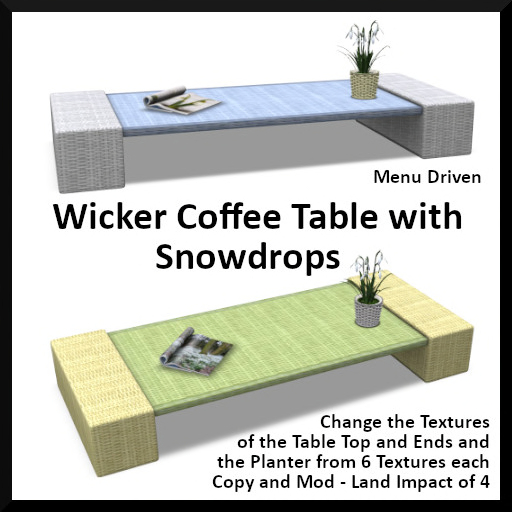 Menu Driven Wicker Coffee Table with Snowdrops