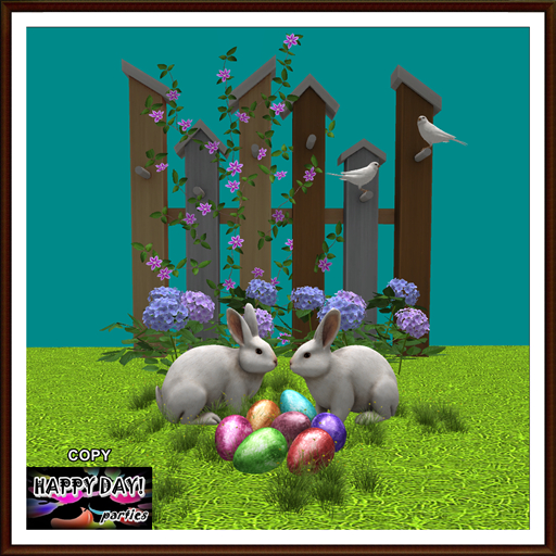 Easter - Fence with Hydrangeas Bunnies and White Canaries