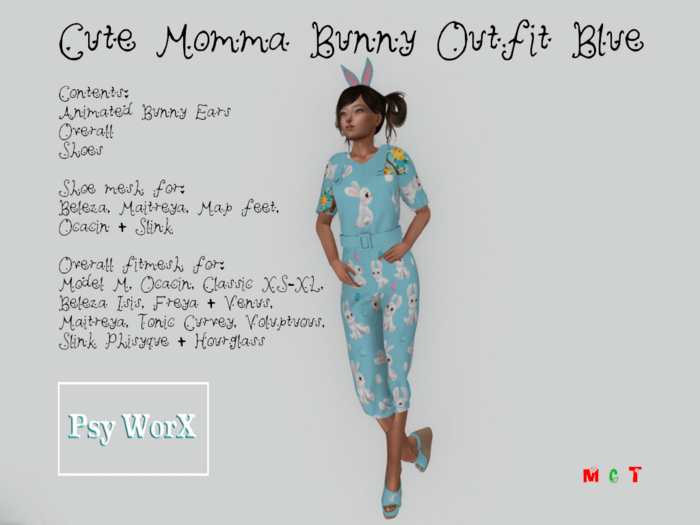 >PsyWorX< Cute Bunny Retro Overall+T-Shirt Fitmesh BLUE