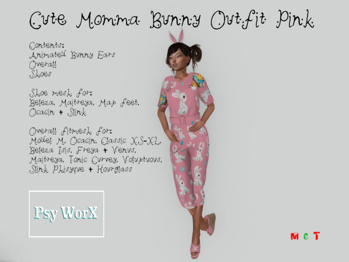 >PsyWorX< Cute Bunny Retro Overall+T-Shirt Fitmesh PINK