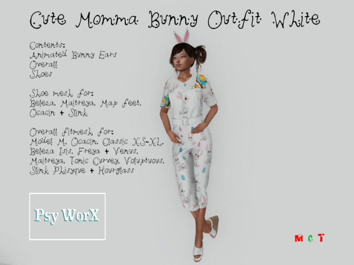 >PsyWorX< Cute Bunny Retro Overall+T-Shirt Fitmesh WHITE