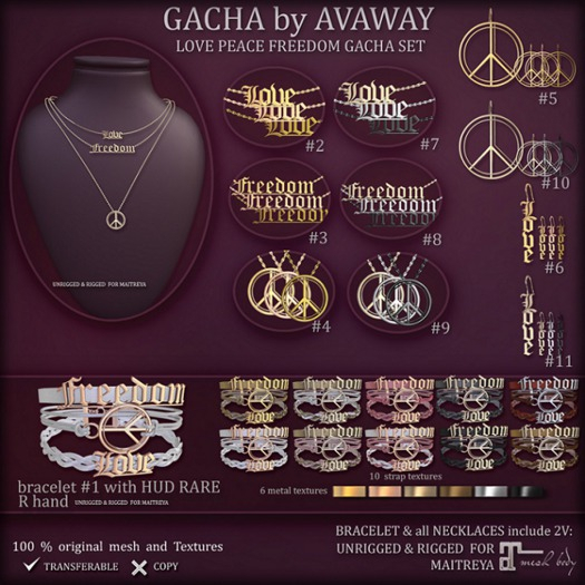 *AvaWay* LOVE PEACE FREEDOM #1 RARE   - BRACELET RARE
