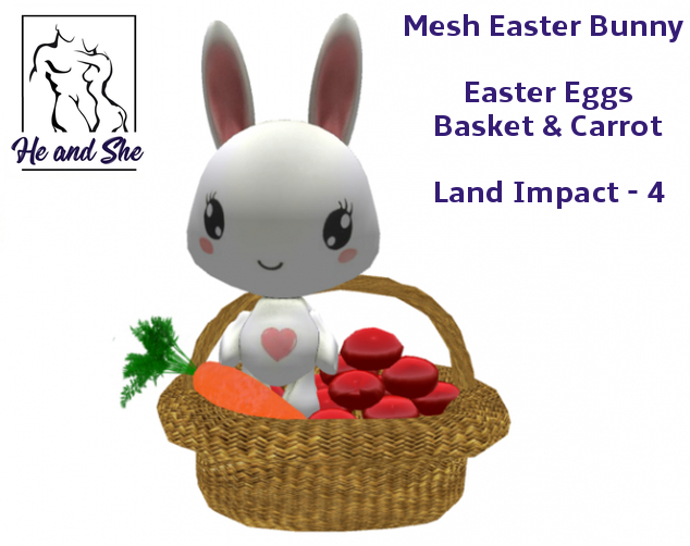 Happy Easter Mesh Bunny Rabbit in Gift Basket with Easter Eggs and Carrot * Land Impact 4 * Promotional Promo Sale Price