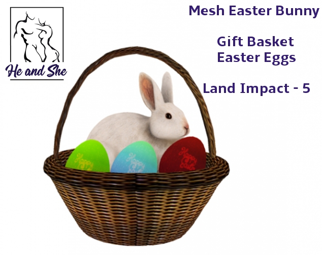 Happy Easter Mesh Bunny Rabbit in Gift Basket with Easter Eggs Promo ******** Land Impact 5 * Promotional Sale Price