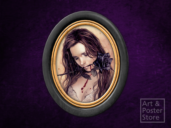 Black Rose | Gothic Portrait | Black Lacquer Oval Frame With Gold Inlay 