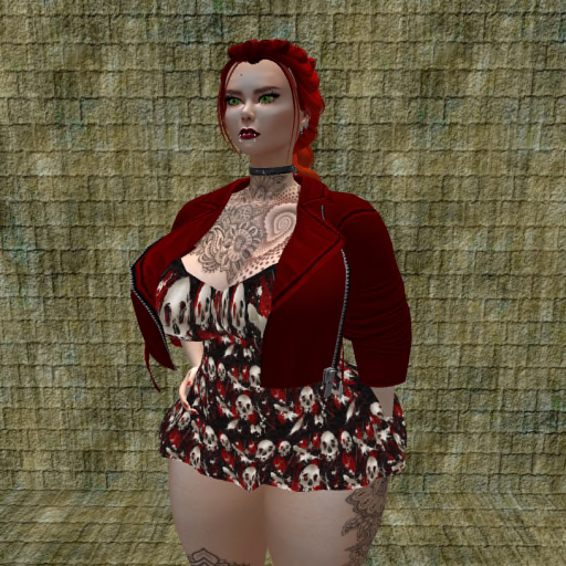 {Xan's} black red grunge skull dress and red leather jacket- kupra