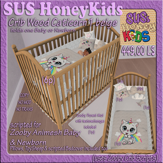 SUS HoneyKids Zooby Animesh Crib Wood Caticorn1 beige Box