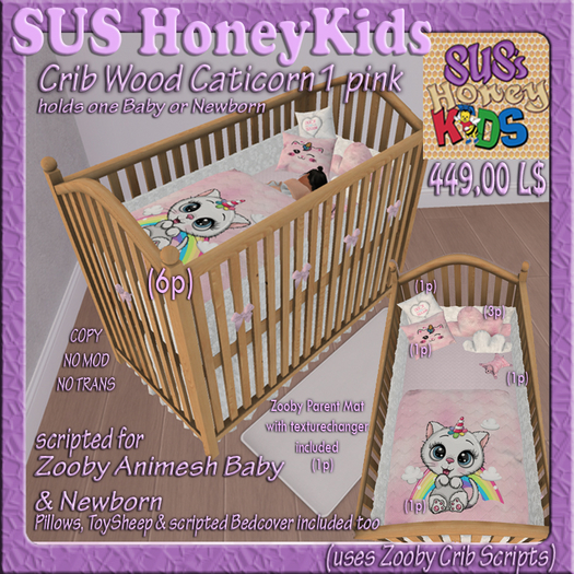 SUS HoneyKids Zooby Animesh Crib Wood Caticorn1 pink Box