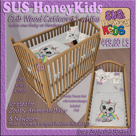 SUS HoneyKids Zooby Animesh Crib Wood Caticorn1 white Box