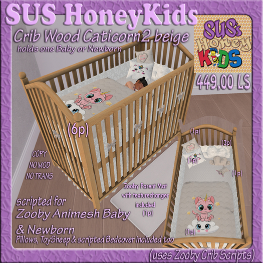 SUS HoneyKids Zooby Animesh Crib Wood Caticorn2 beige Box