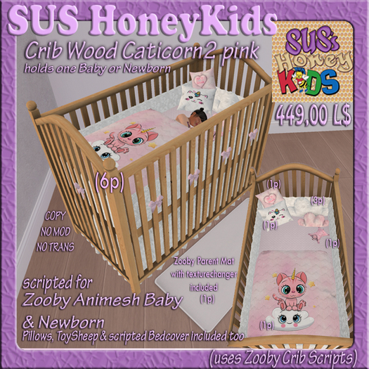 SUS HoneyKids Zooby Animesh Crib Wood Caticorn2 pink Box
