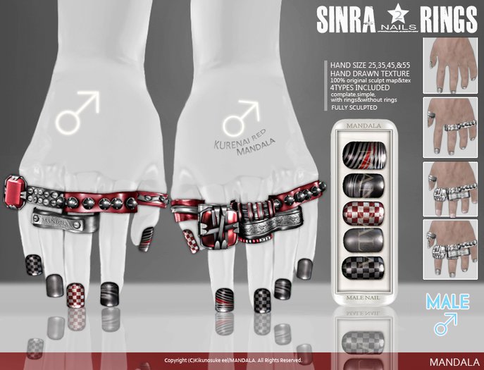 (MALE)[MANDALA] SINRA 2 NAILSand RINGs set/KURENAI RED