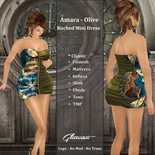 ! Glitterati ! - Amara - Ruched Mini Dress -  Olive