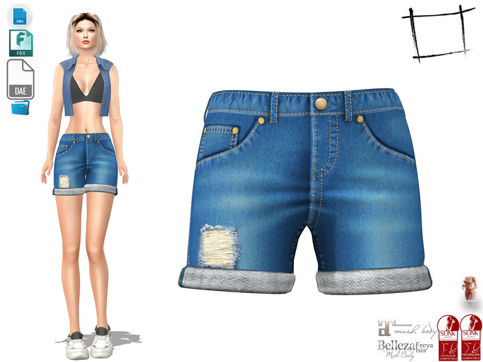 Dae Obj FBX For Rolled Legs Denim Shorts Maitreya, Slink (Physique,Hourglass),Belleza (Isis,Freya),Legacy