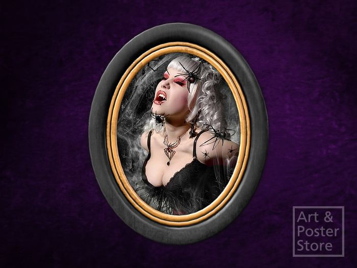 Lady Fangs | Gothic Portrait | Black Lacquer Oval Frame With Gold Inlay 