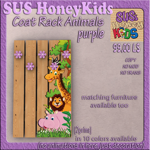 SUS HoneyKids Coat Rack Animals purple Box