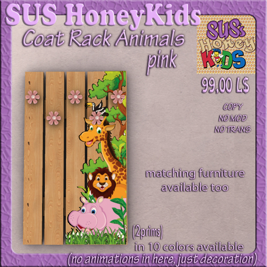 SUS HoneyKids Coat Rack Animals pink Box