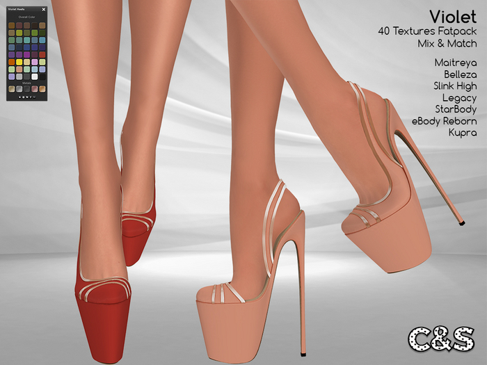 C&S Violet Heels for Maitreya Lara, Slink, Belleza, StarBody, Kupra, eBody Reborn and Legacy. 40 Text. 5 Metals