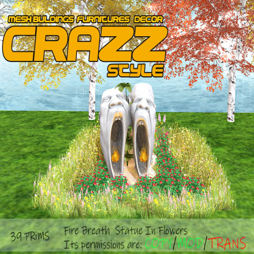 :::CR'S::: - Fire Breath  Statue In Flowers 39 Prims