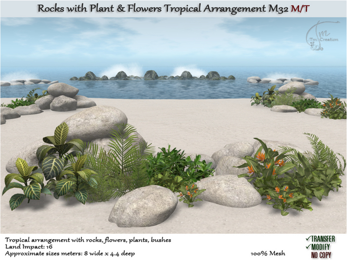 Tropical Flowers Plants & Rocks Arrangement. M/T M32