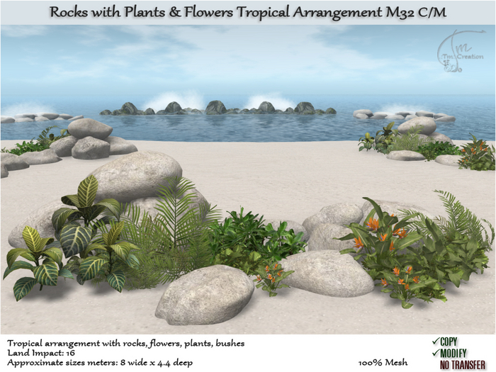 Tropical Flowers Plants & Rocks Arrangement. C/M M32